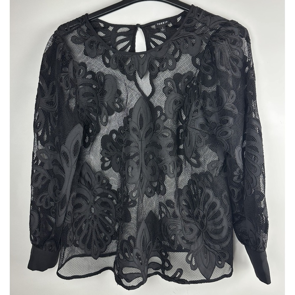 Torrid Mesh With Embroidery Long Sleeve Blouse Sheer Top Keyhole Plus Size 1 1X - Picture 2 of 12